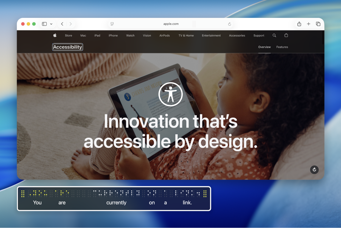 Панель Брайля, на якій показано, щоб перебуває у фокусі вказівника VoiceOver на вебсторінці. Жовті точки шрифту на панелі Брайля з відповідним текстом під ними.