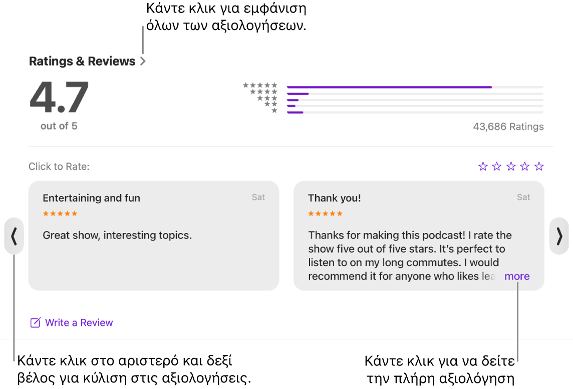 Η ενότητα «Βαθμολογίες και κριτικές» για μια εκπομπή στο Podcasts. Κάντε κλικ στο αριστερό και το δεξί βέλος στα άκρα της οθόνης για κύλιση προς τα πίσω ή εμπρός. Κάντε κλικ στα «περισσότερα» για εμφάνιση μιας ολόκληρης κριτικής.