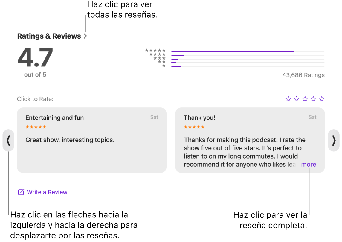 La sección “Valoraciones y reseñas” de un programa en Podcasts. Haz clic en las flechas izquierda y derecha en los bordes de la pantalla para recorrerla hacia atrás y hacia delante. Haz clic en “más” para ver una reseña entera.