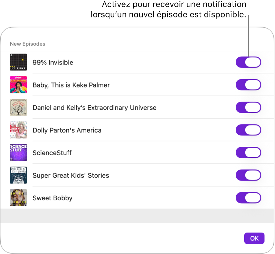 Les options Notifications. Cliquez sur l’interrupteur pour recevoir une notification quand un nouvel épisode devient disponible.