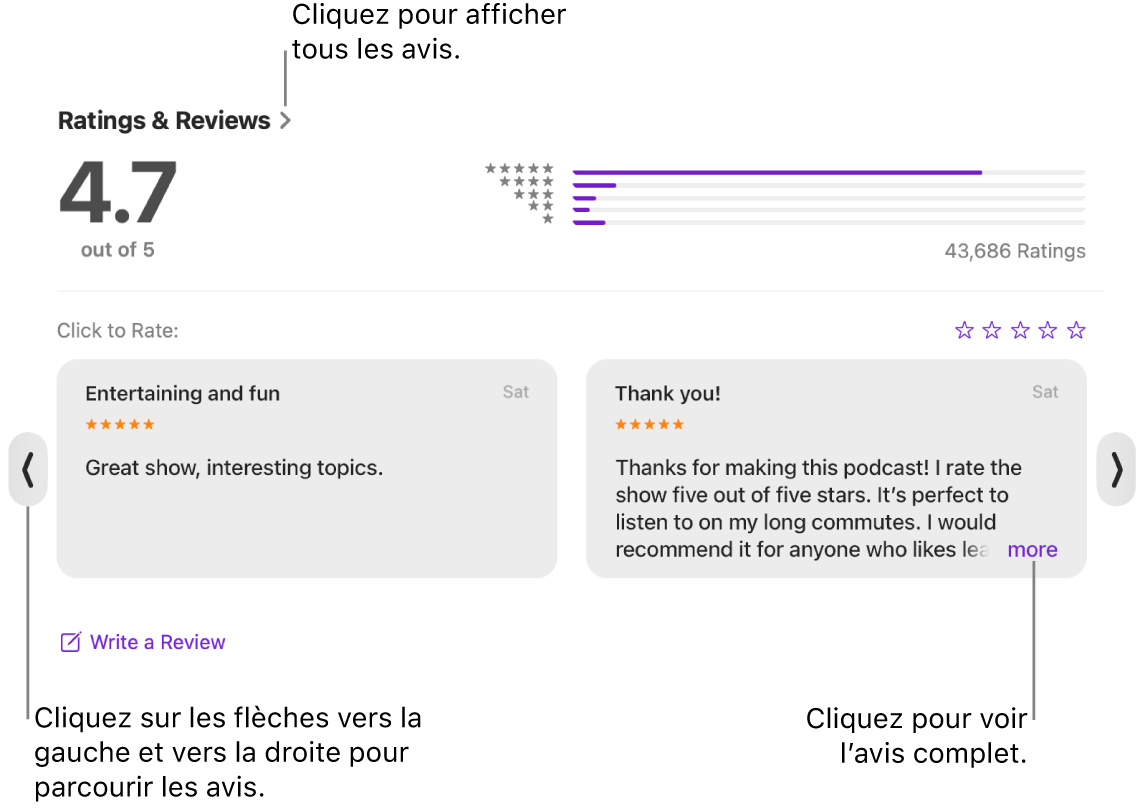 La section Notes et avis d’une émission dans Balados. Cliquez sur les flèches vers la gauche et la droite sur le bord de l’écran pour faire défiler la page vers l’arrière ou l’avant. Cliquez sur « plus » pour afficher l’avis au complet.