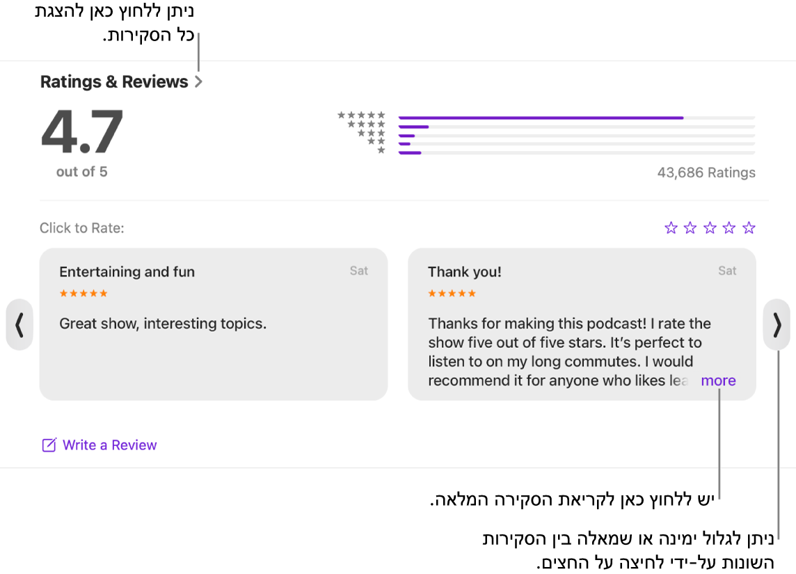 המקטע “דירוגים וביקורות” לגבי תכנית ב”פודקאסטים”. ללחוץ על החצים שמאלה וימינה בקצוות של המסך כדי לגלול אחורה או קדימה. לחץ/י על ״עוד״ כדי לראות ביקורת מלאה.