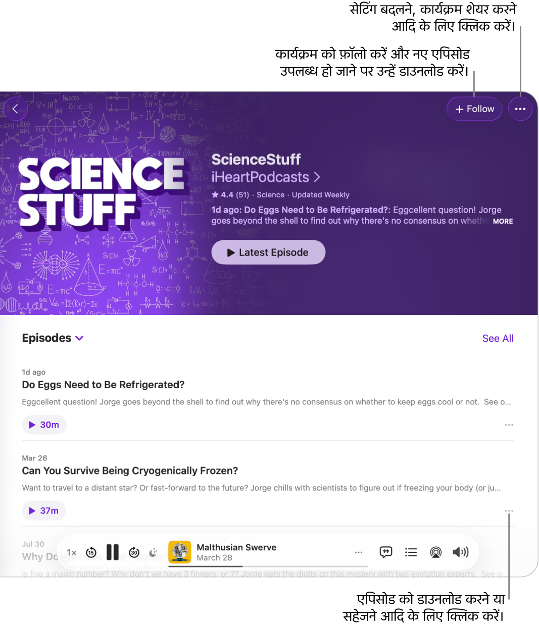 पॉडकास्ट के लिए सूचना पृष्ठ, जिसमें शीर्ष पर कार्यक्रम के लिए फ़ॉलो और अधिक बटन दिखाए गए हैं। पृष्ठ के नीचे एपिसोड का सारांश और एपिसोड के लिए अधिक बटन है।