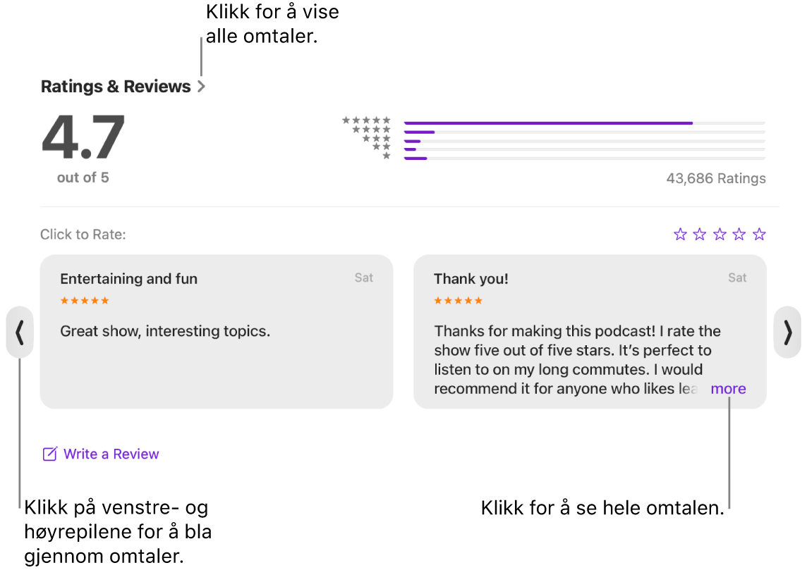 Vurderinger og omtaler-delen for et program i Podkaster. Klikk på venstre- og høyrepilene på kantene på skjermen for å rulle bakover eller framover. Klikk på «mer» for å se hele omtalen.