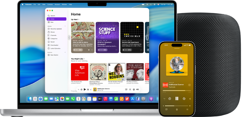 Apka Apple Podcasts na Macu a iPhone, pričom HomePod je v pozadí.
