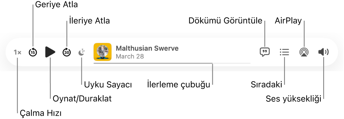 Bir bölümün oynatıldığını ve oynatma denetimlerini gösteren Podcast’ler penceresinin en üst kısmı: Oynatma Hızı, Geriye Doğru Atla, Duraklat, İleriye Doğru Atla, Uyku Sayacı, ilerleme tutamağı, Dökümü Görüntüle, Sıradaki, AirPlay ve Ses Yüksekliği