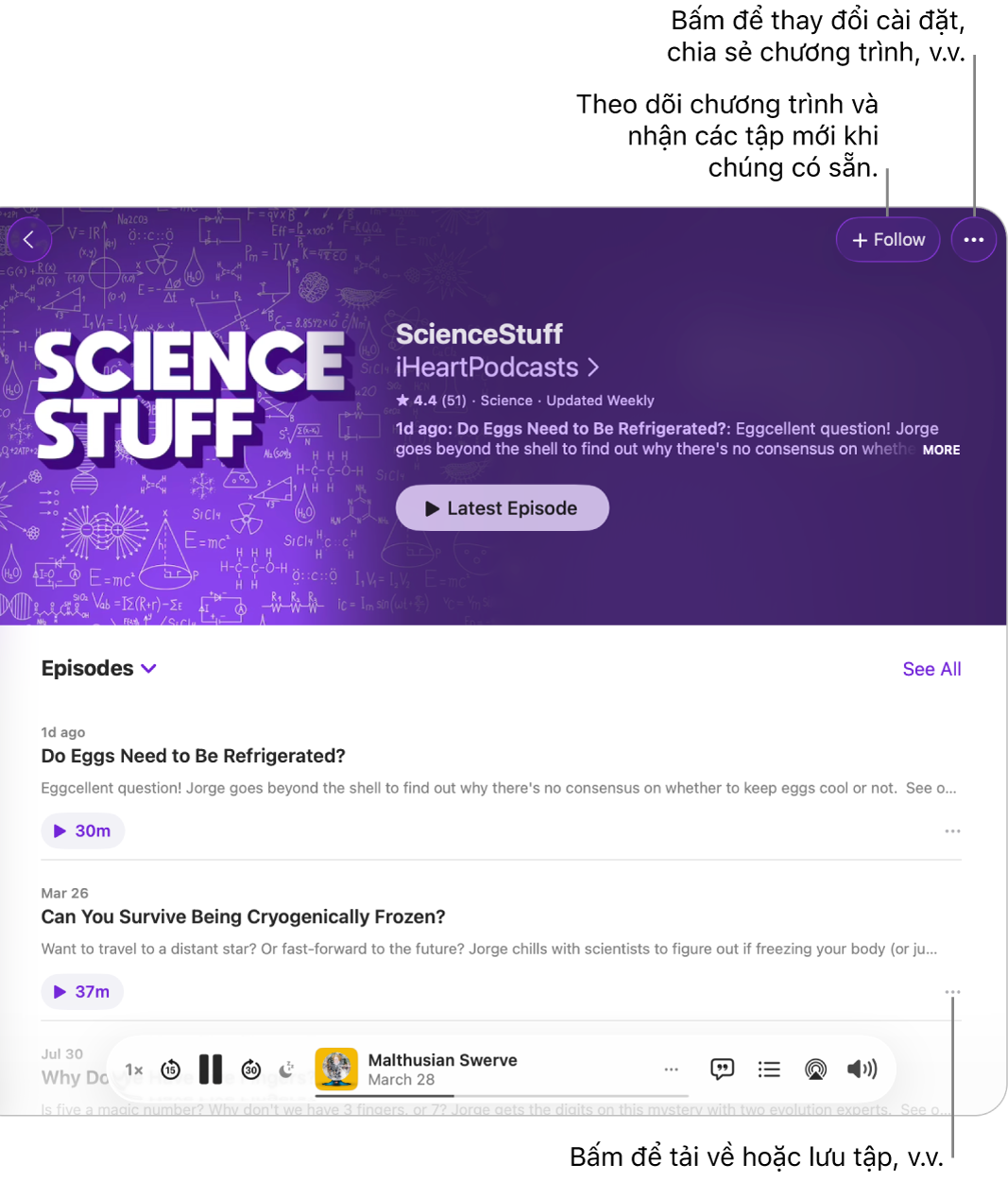 Một trang thông tin cho một podcast, đang hiển thị các nút Theo dõi và Thêm cho chương trình ở đầu trang. Ở cuối trang là tóm tắt của tập và nút Thêm cho tập đó.
