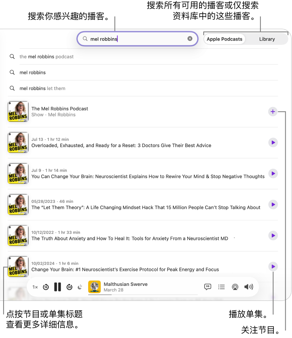 “播客”窗口,显示顶部中间的搜索栏中输入了文本,且屏幕下方显示与搜索所有播客的条件相匹配的节目和单集。点按某个结果查看详细信息。点按节目旁边的“关注”按钮进行关注。点按单集的播放按钮进行播放。