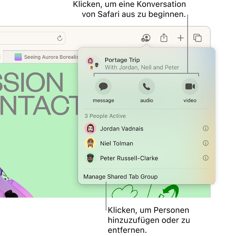 Ein Fenster, das die Personen in einer geteilten Tabgruppe auflistet.