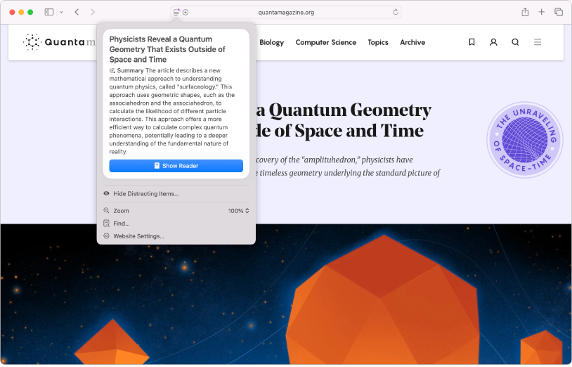 Die App „Safari“ zeigt die Highlights eines Artikels über Physik an.