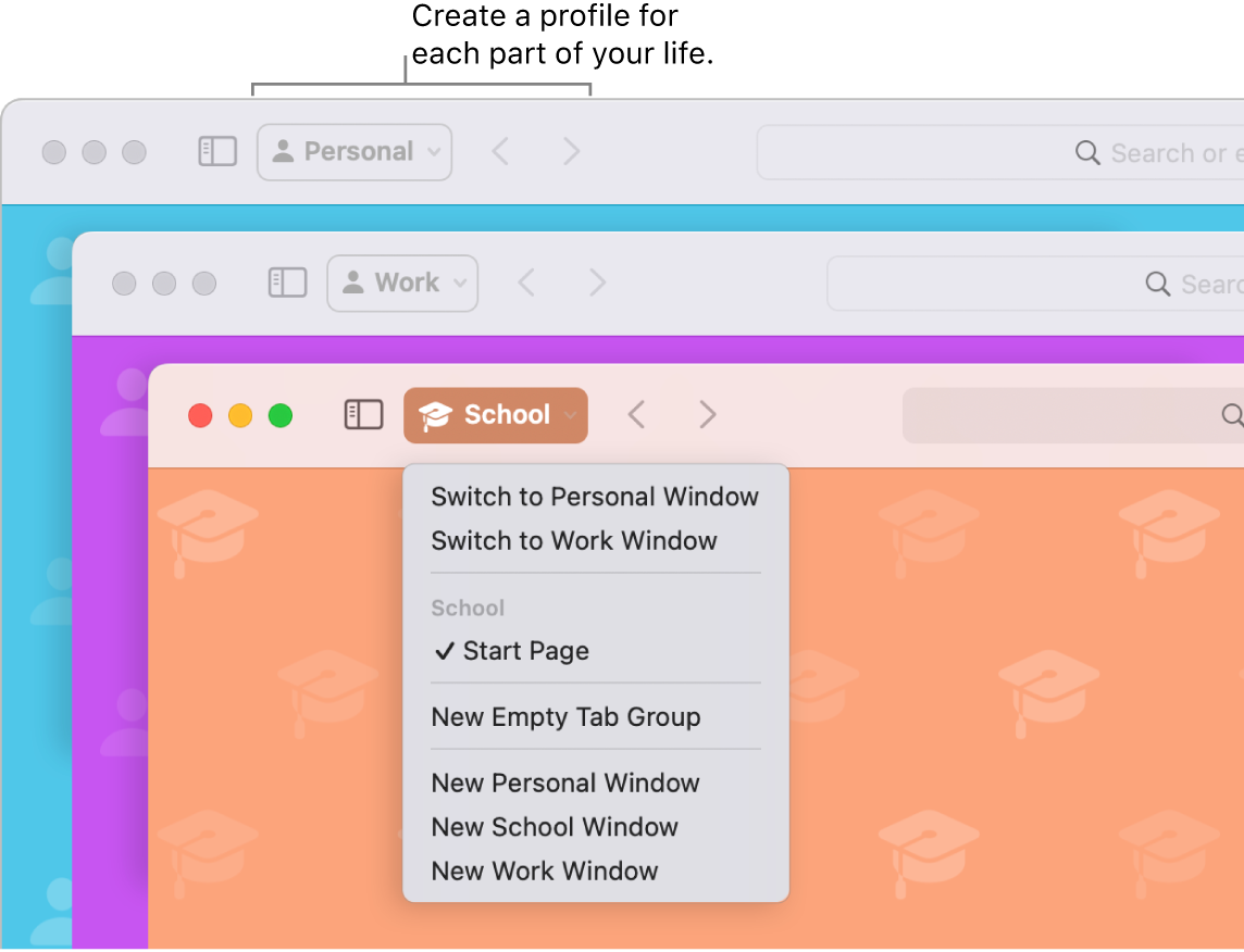 Three Safari profile windows: one for home, one for work, and one for school.