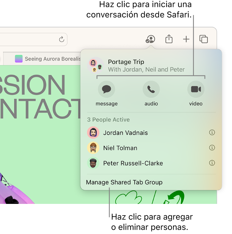 Una ventana enumerando personas en un grupo de pestañas compartido.