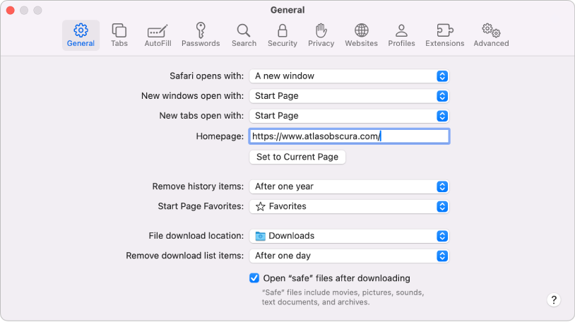 El panel de configuración General de las páginas web de Safari, con la página web actual seleccionada como página de inicio.