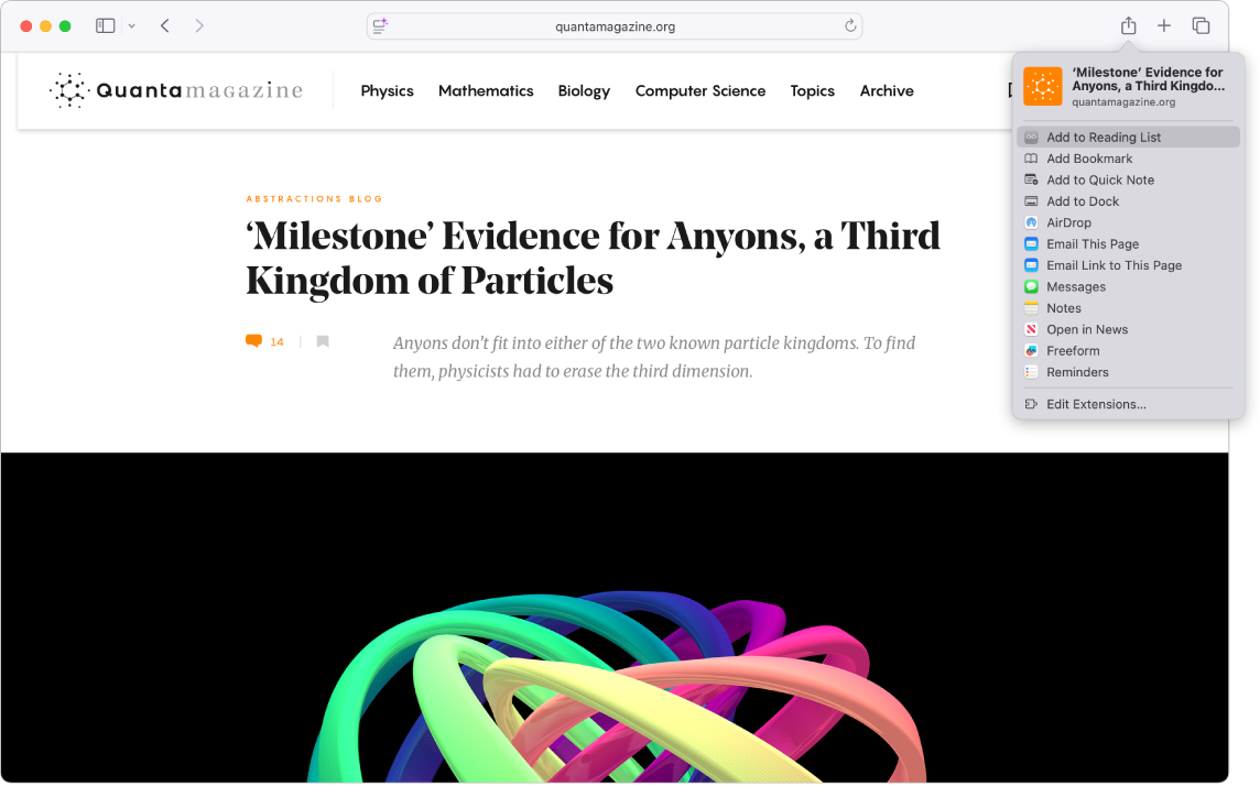 Page Web qui affiche un article de physique, avec le bouton Partager cliqué et l’option Ajouter à la liste de lecture sélectionnée.