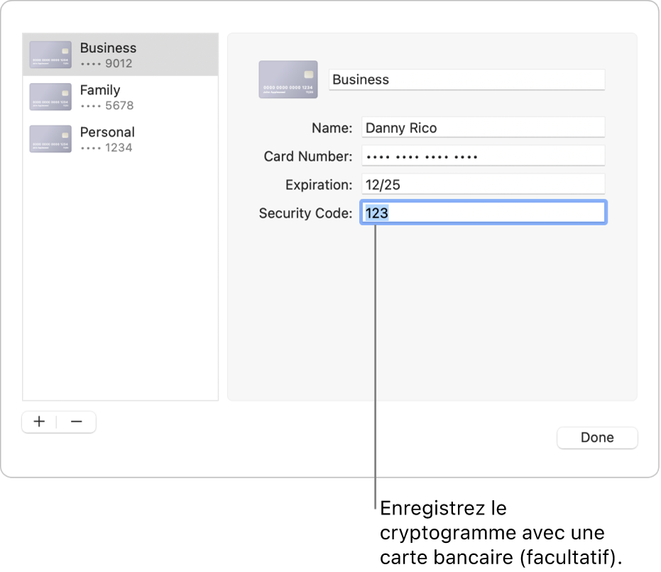 Formulaire d’une carte bancaire comportant des champs permettant de saisir le nom, le numéro de carte, la date d’expiration et le code de sécurité.
