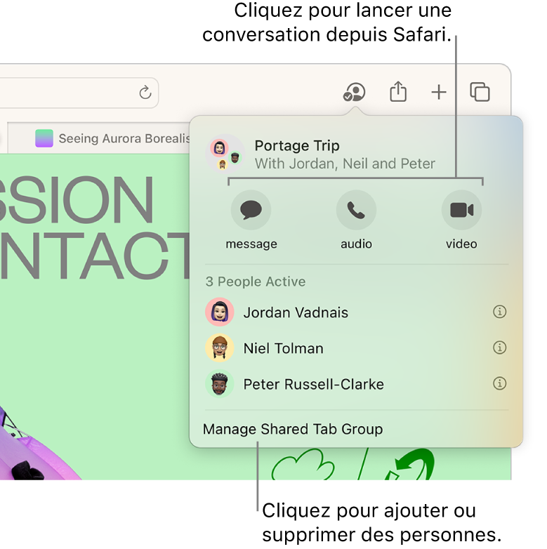 Fenêtre répertoriant les personnes au sein d’un groupe d’onglets partagé.
