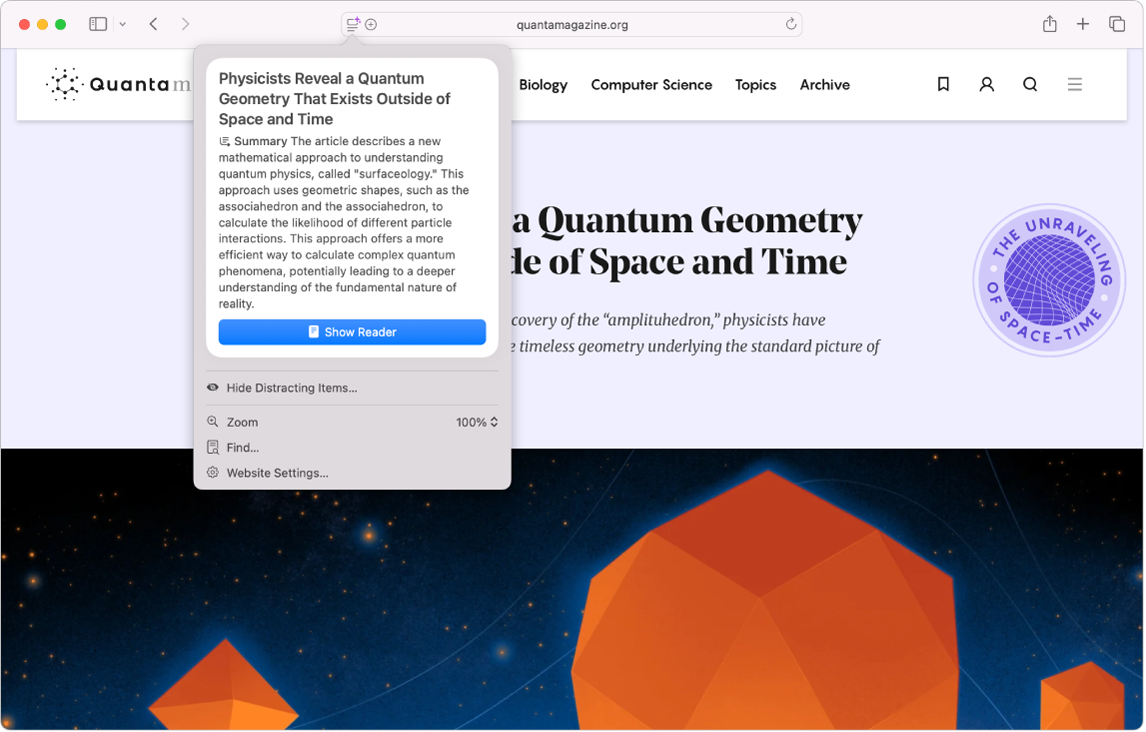 L’app Safari che mostra le informazioni in evidenza in un articolo di fisica.