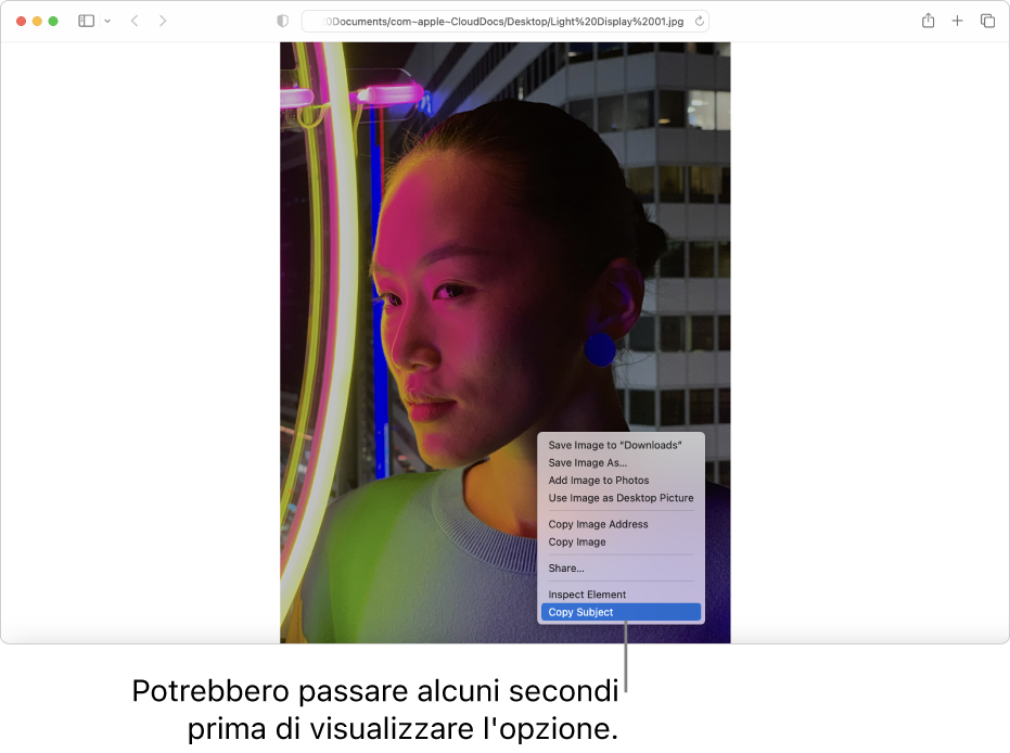 Un’immagine in Safari di una persona, con delle luci e un edificio sullo sfondo.