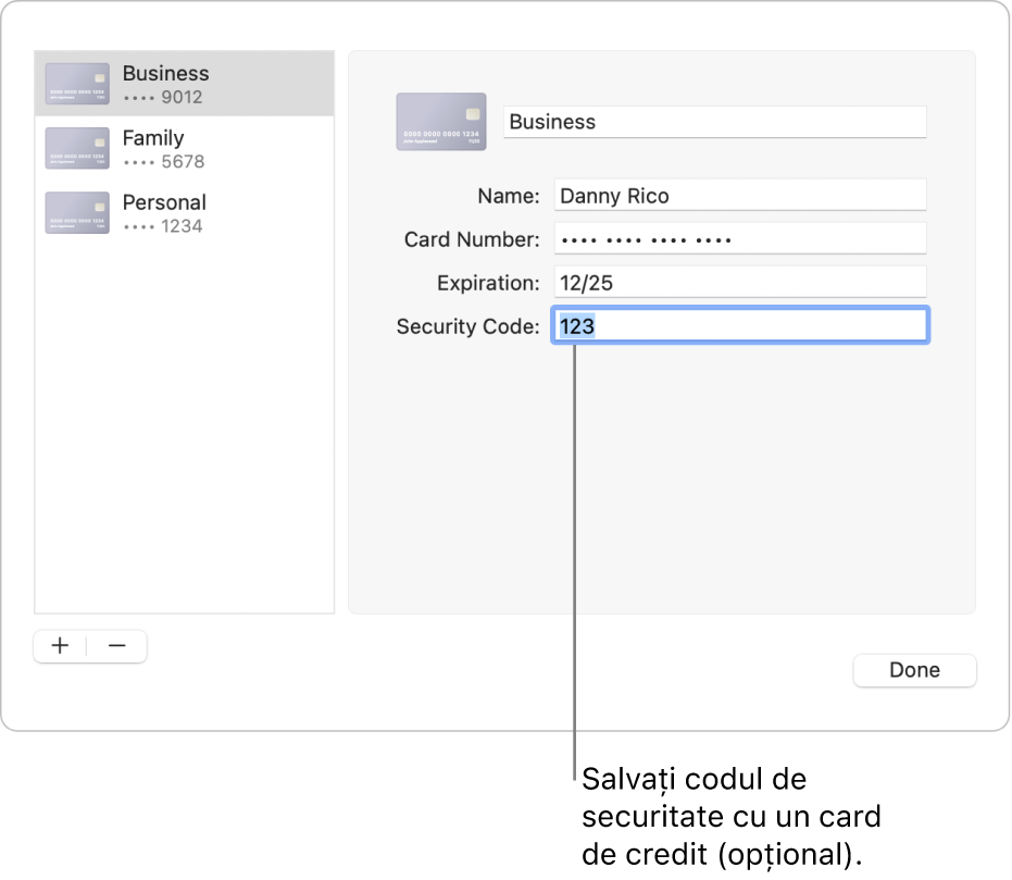Un formular pentru card de credit cu câmpuri pentru introducerea numelui, numărului de card, datei de expirare și codului de securitate.