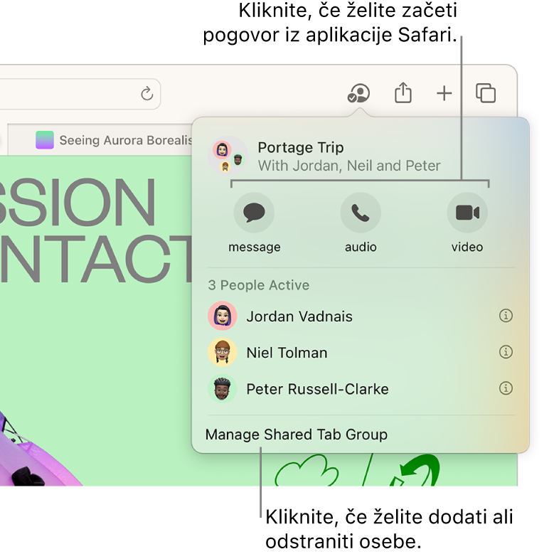 Okno, v katerem so navedene osebe, ki so v deljeni skupini zavihkov.