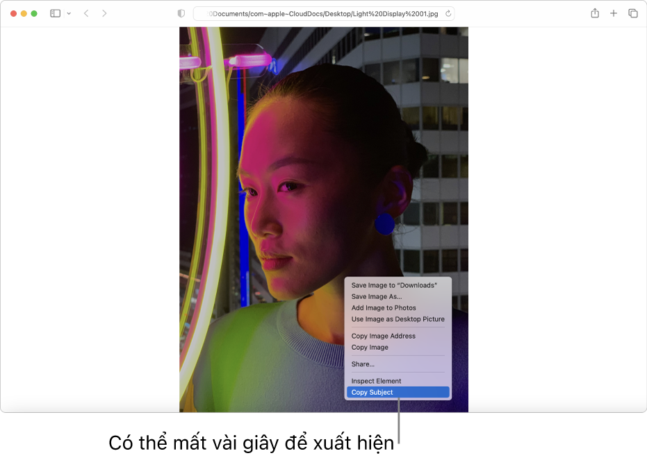 Một hình ảnh trong Safari về một người với những ánh đèn và một tòa nhà trong nền.