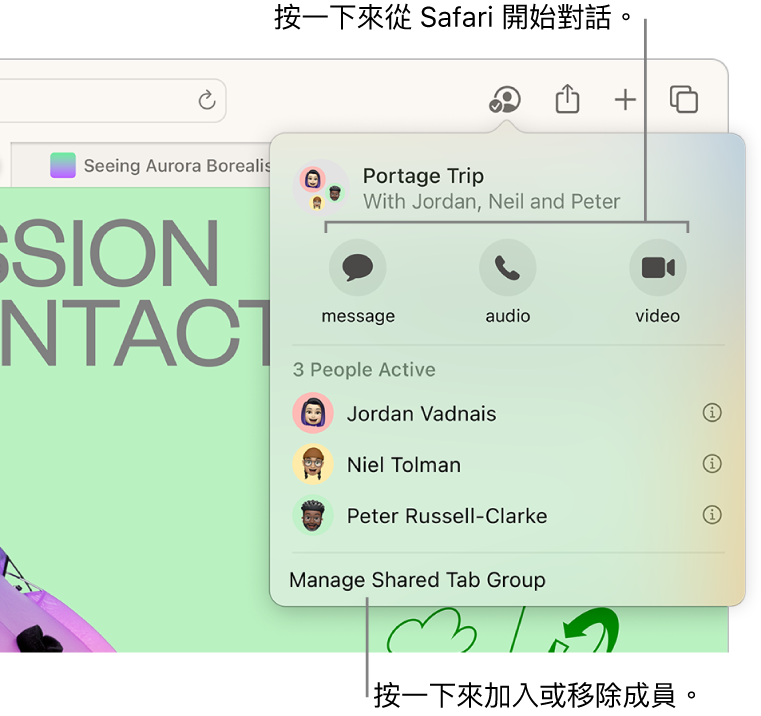 視窗列出「共享的分頁群組」中的成員。