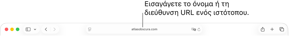 Το πεδίο Έξυπνης αναζήτησης του Safari όπου μπορείτε να εισαγάγετε το όνομα ή τη διεύθυνση URL ενός ιστότοπου.