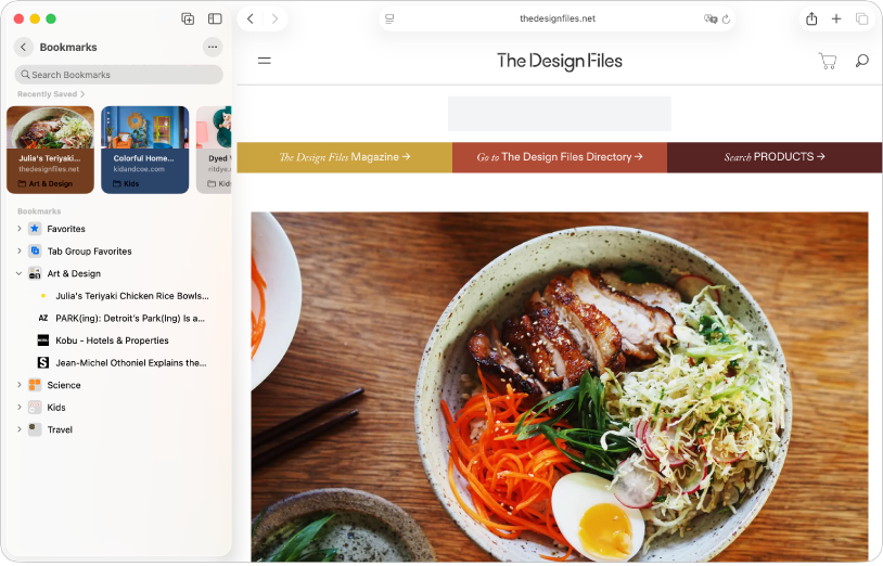 La app Safari muestra los sitios web organizados en marcadores en la barra lateral, con un sitio web marcado para una publicación de diseño a la derecha.