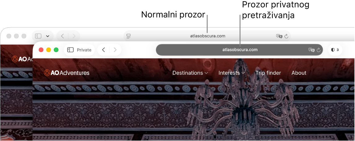 Privatni Safari prozor s tamnim pametnim poljem za pretraživanje i normalni Safari prozor sa svijetlim pametnim poljem za pretraživanje.