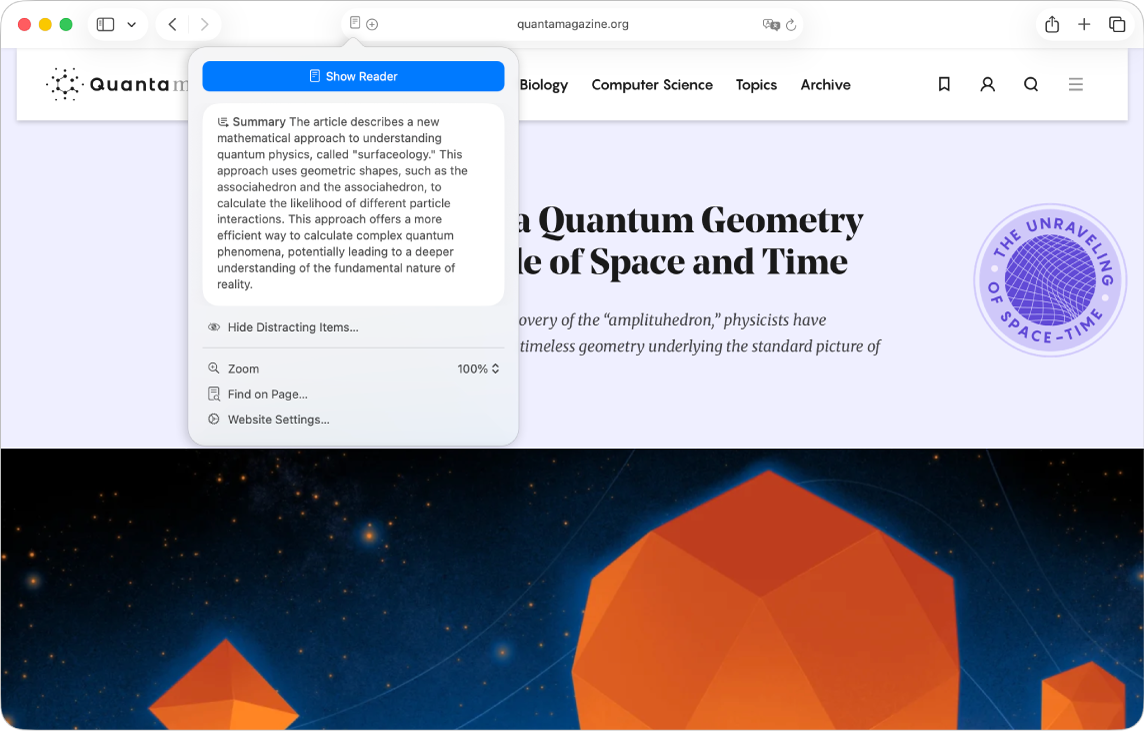 App Safari menunjukkan ringkasan artikel sains di bawah butang Sorotan dalam medan Carian Pintar.