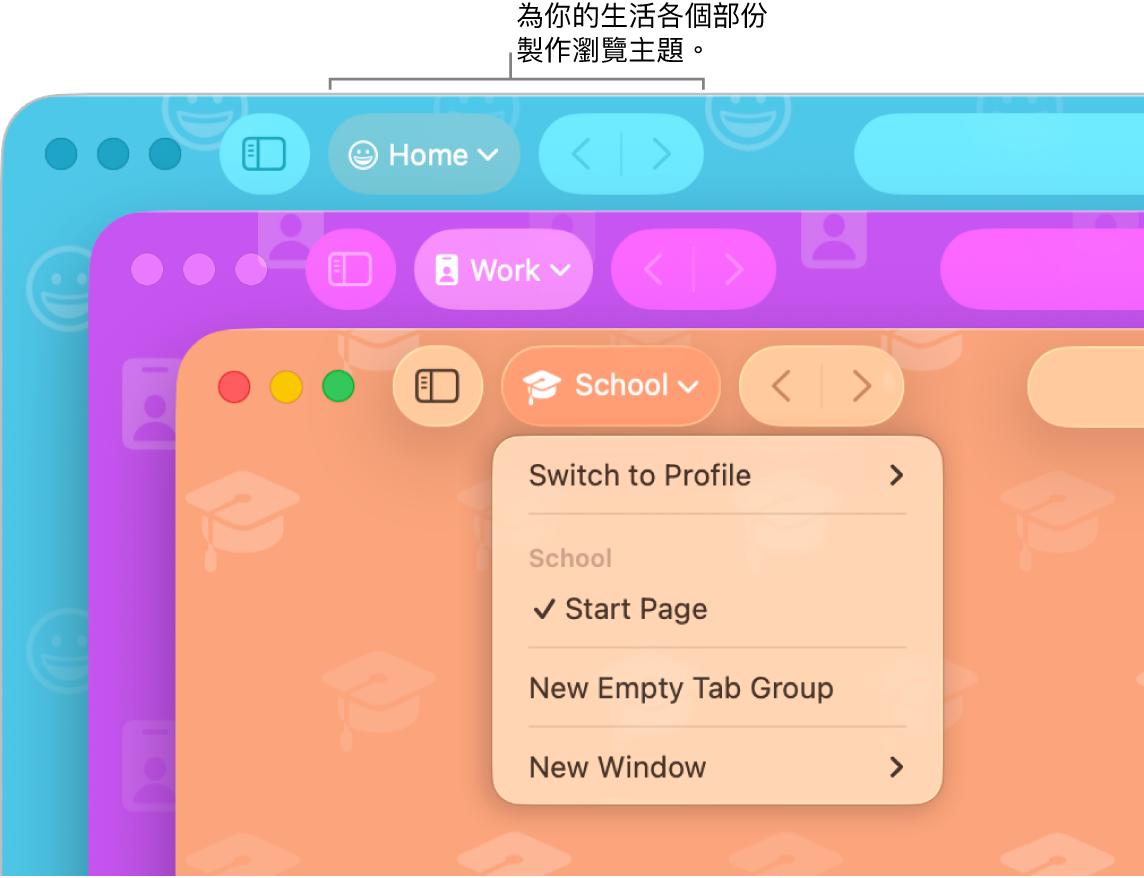 三個 Safari 瀏覽主題視窗： 分別用於個人使用、工作和學校。