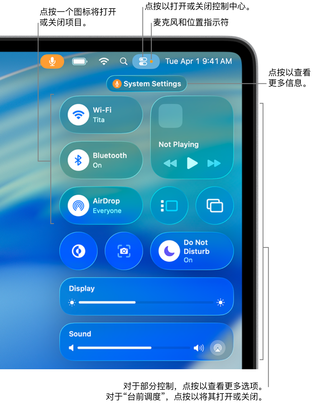 屏幕右上部分的控制中心,显示 Wi-Fi、专注模式、声音和播放中等的控制。