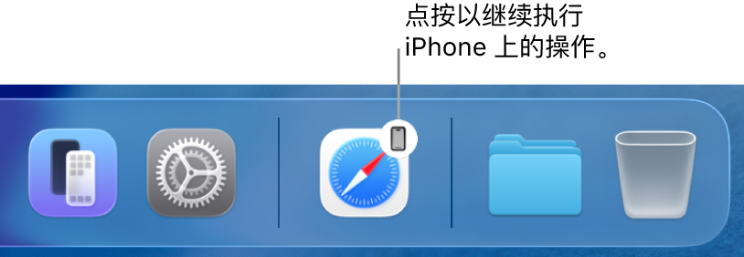 Mac 程序坞中显示“接力”图标。