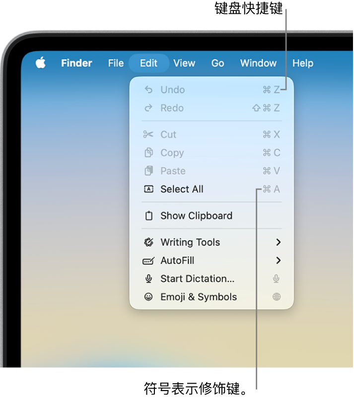 “访达”中的“编辑”菜单已打开；键盘快捷键显示在菜单项旁边。