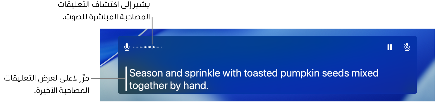 يظهر نص المحادثة في الوقت الفعلي لصوت ميكروفون الكمبيوتر كنص قابل للتمرير في نافذة التعليقات المصاحبة المباشرة.