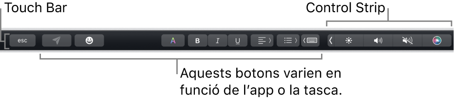 La Touch Bar, situada a la part superior del teclat, amb botons que varien segons l’app o la tasca, a l’esquerra, i la Control Strip contreta, a la dreta.