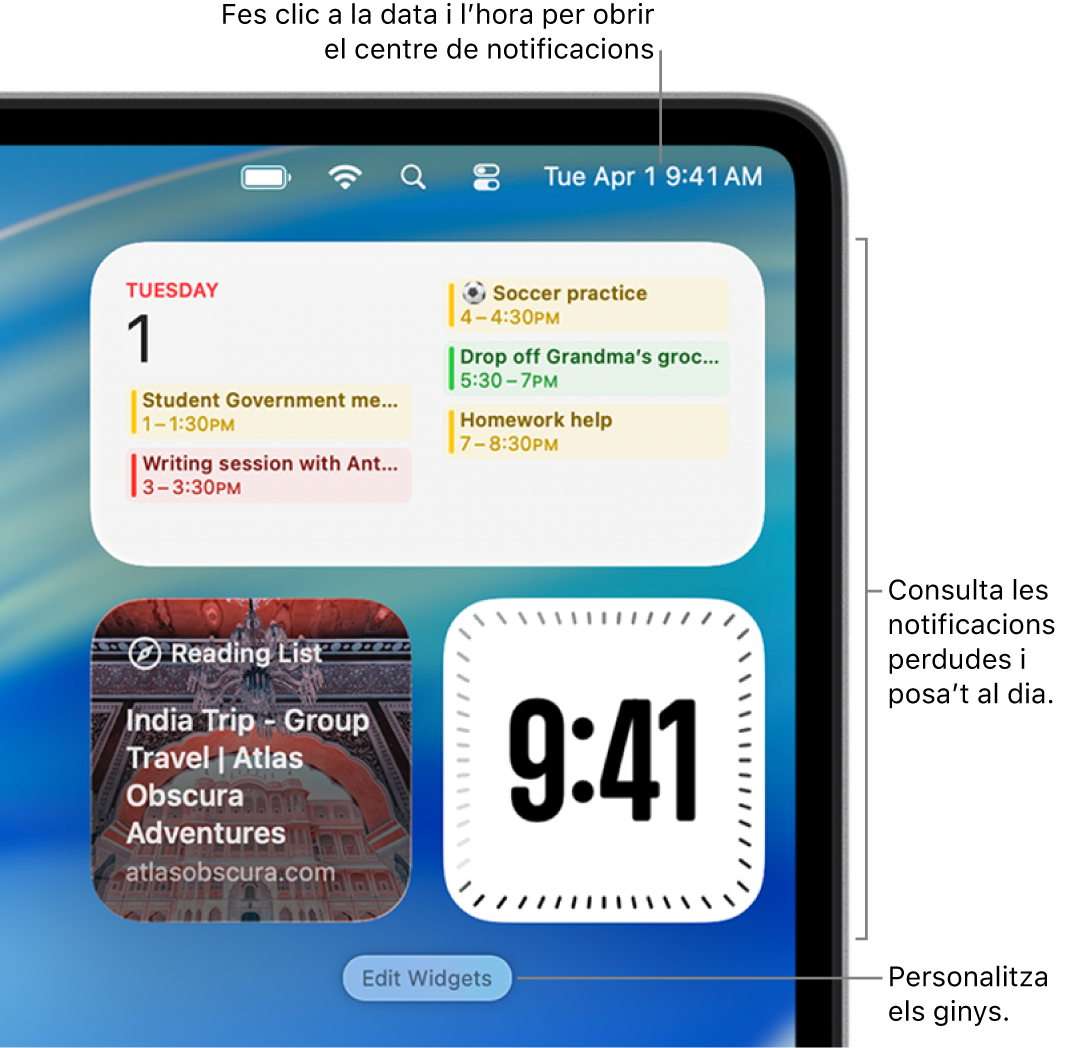 Les notificacions i ginys al centre de notificacions.