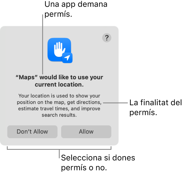 L’app Mapes demanant permís per fer servir la teva ubicació actual.
