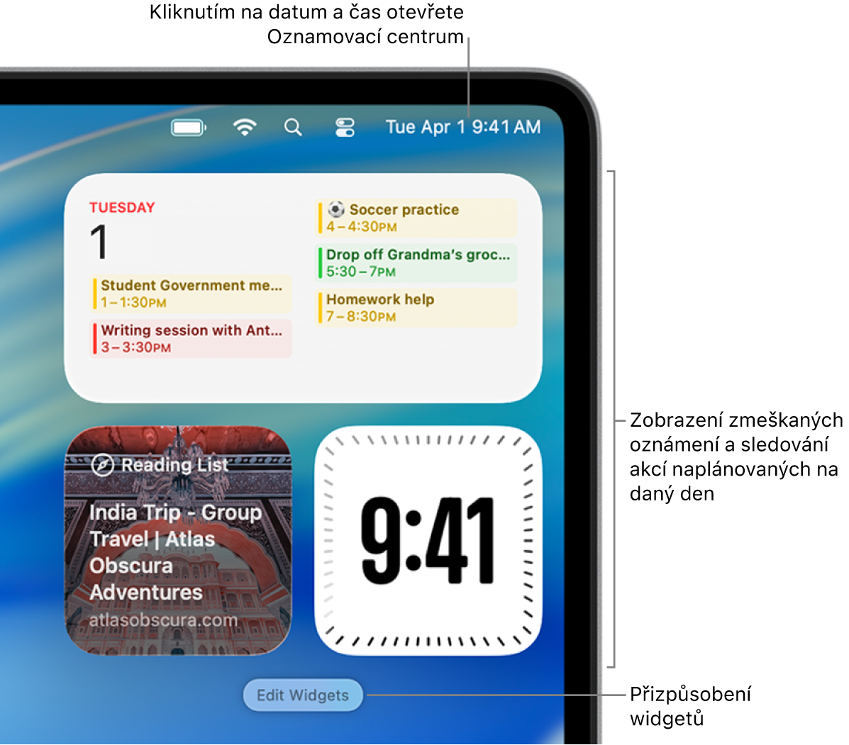 Oznámení a widgety v Oznamovacím centru