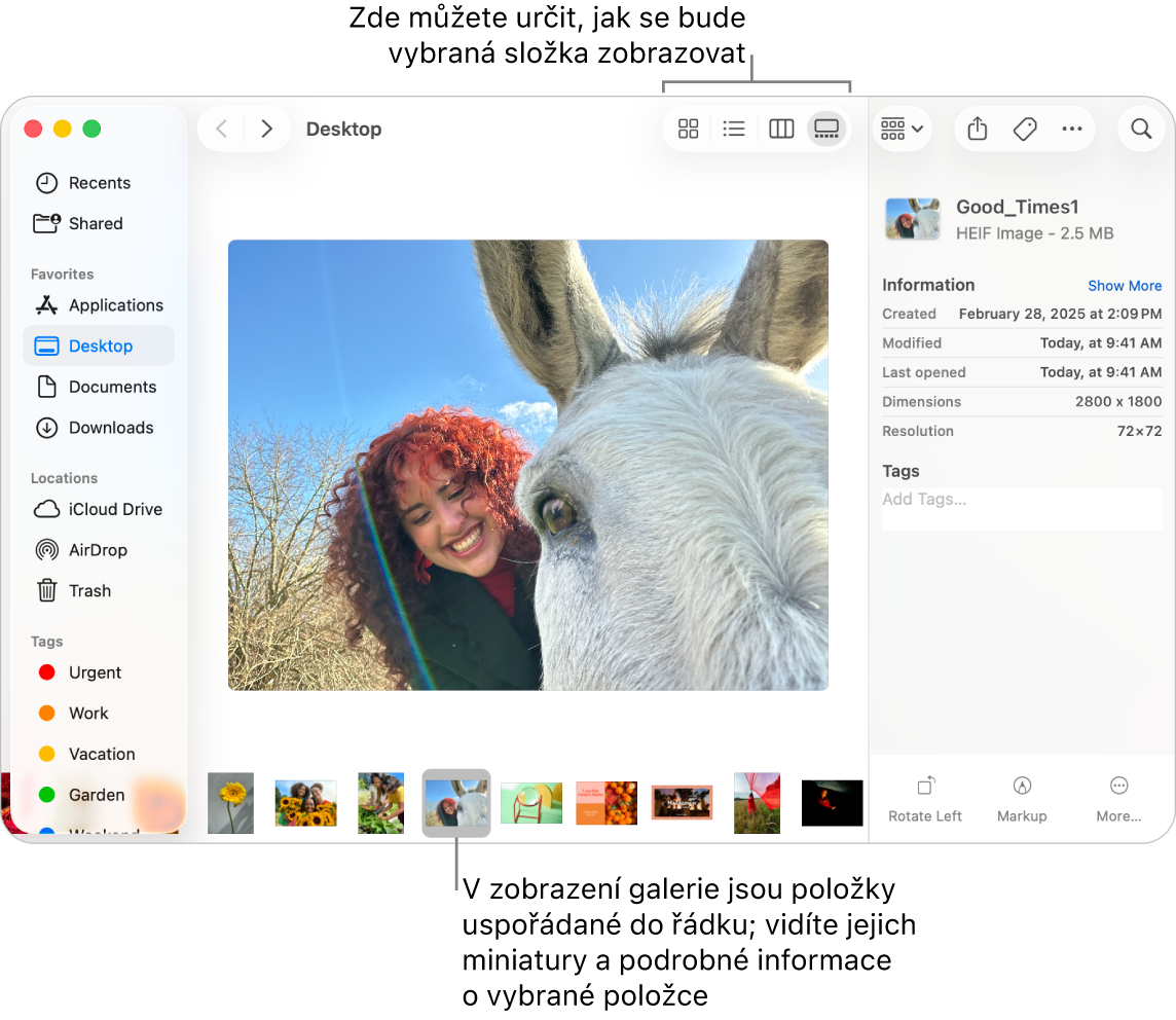 Okno Finderu s bočním panelem Finderu vlevo a s vybraným obrázkovým souborem v dolní části okna Ve střední části panel Náhled ukazuje, jak obrázek vypadá, vpravo jsou podrobnosti o obrázku a tlačítka pro rychlé akce