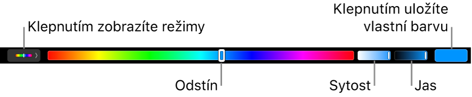Touch Bar s jezdci odstínu, sytosti a jasu pro režim HSB. Na levém kraji se nachází tlačítko pro zobrazení všech režimů; napravo je tlačítko pro uložení vlastní barvy