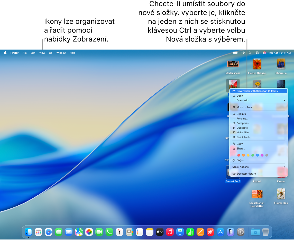 Plocha se soubory a složkami. Je vybráno několik souborů, které mají být umístěny do nové složky. Zobrazí se místní nabídka AA pro vybraný soubor a v ní je vybraná volba Nová složka s výběrem.