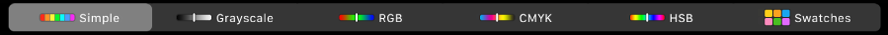 Touch Bar se zobrazením barevných režimů (zleva doprava): Jednoduchý, Stupně šedi, RGB, CMYK a HSB. Na pravém kraji je vidět tlačítko Ukázky