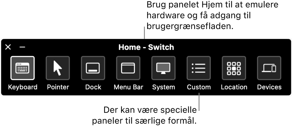 Panelet Hjem i Knapbetjening, der indeholder knapper (fra venstre mod højre) til at styre tastaturet, markøren, Dock, menulinjen, betjeningsmuligheder, specielle paneler, skærmlokation og andre enheder.