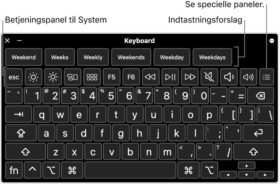 Tilgængelighedstastaturet med indtastningsforslag vist øverst. Nedenfor vises en række knapper til betjeningsmuligheder i systemet, der bruges til at udføre opgaver som f.eks. at justere skærmens lysstyrke og vise specielle paneler.