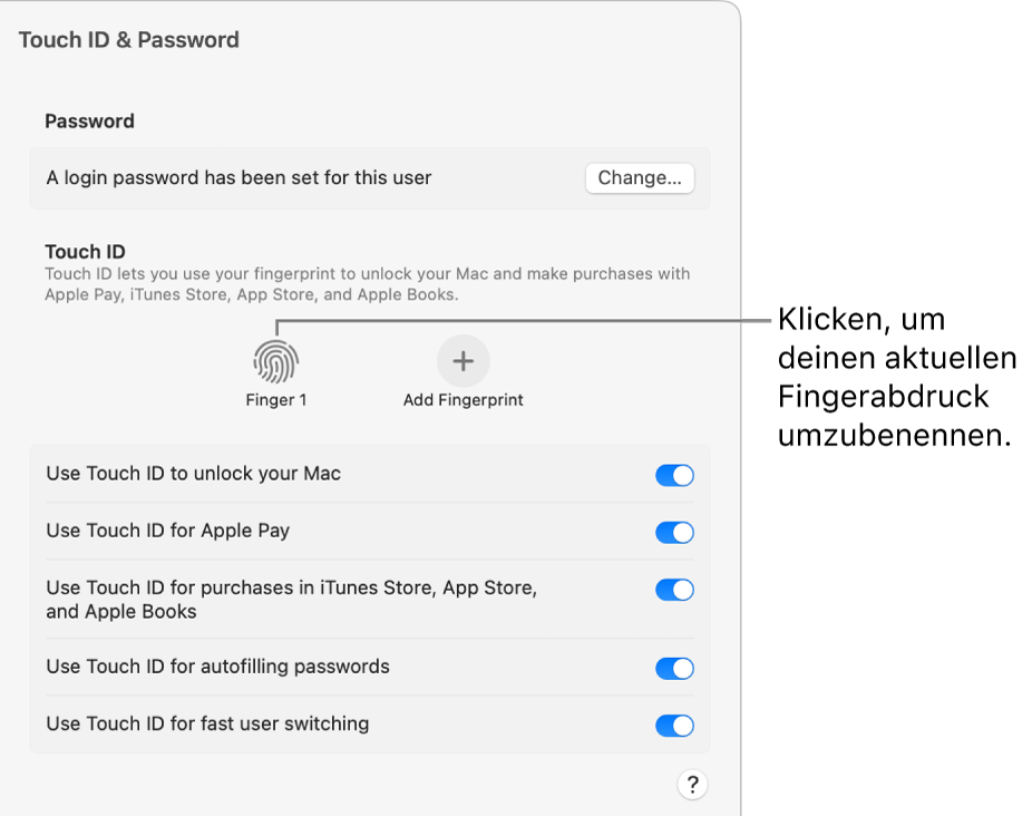 Die Einstellungen „Touch ID & Passwort“ zeigen, dass ein Fingerabdruck erstellt wurde, der nun zum Entsperren des Mac verwendet werden kann.