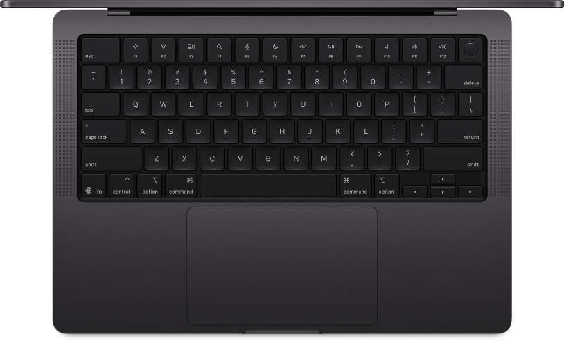 Ein MacBook Pro mit einer integrierten Tastatur, auf der die Sondertasten zum Verwenden von Tastaturkurzbefehlen angezeigt werden.