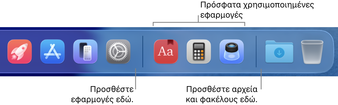 Το δεξί άκρο του Dock όπου εμφανίζονται διαχωριστικές γραμμές πριν και μετά την ενότητα με τις πρόσφατα χρησιμοποιημένες εφαρμογές.