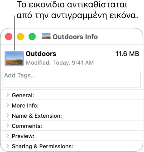 Το παράθυρο «Πληροφορίες» για έναν φάκελο, όπου εμφανίζεται το γενικό εικονίδιο να αντικαθίσταται από μια εικόνα.