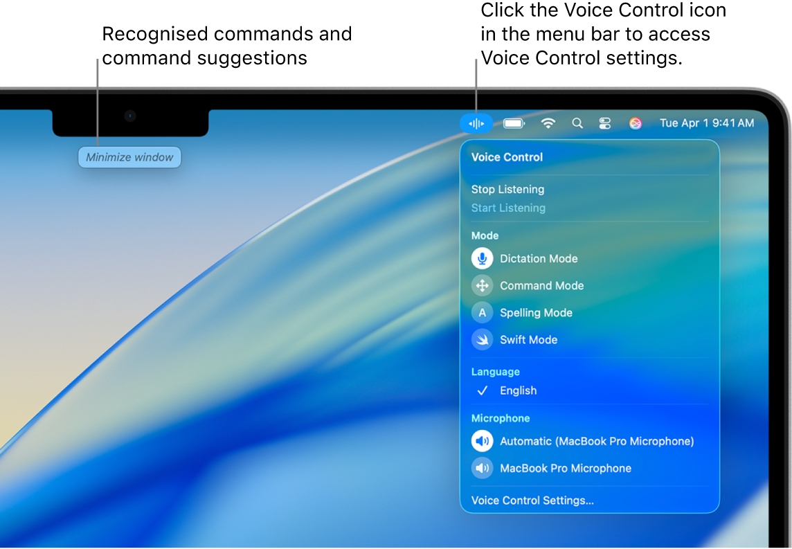 A command suggestion is shown at the top of the desktop. To the right, the Voice Control icon is shown in the menu bar and the Voice Control menu is open.